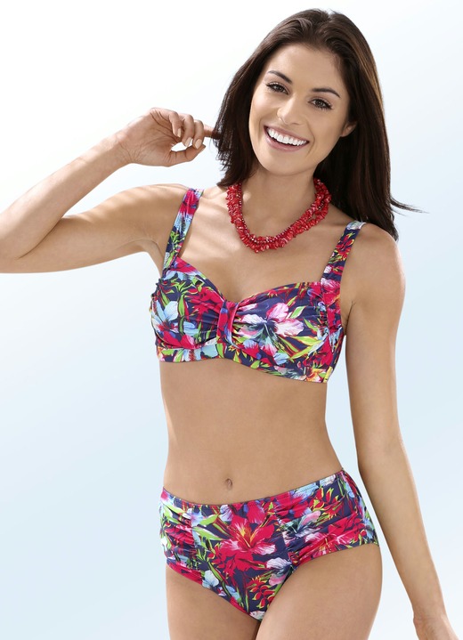 Bademode - Bikini mit herausnehmbaren Softschalen, Zierschlaufe und Druckdessin allover, in Größe 036 bis 050, in Cup B, in Farbe ROT-BUNT Ansicht 1