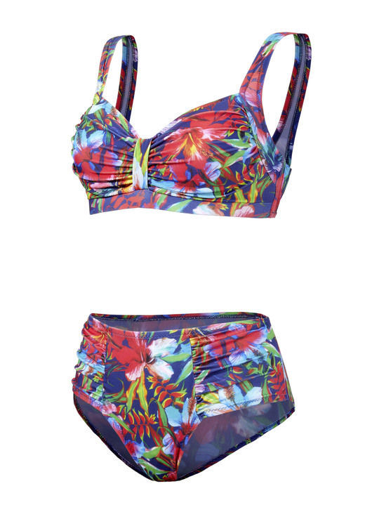 Bademode - Bikini mit herausnehmbaren Softschalen, Zierschlaufe und Druckdessin allover, in Größe 036 bis 050, in Cup B, in Farbe ROT-BUNT Ansicht 3