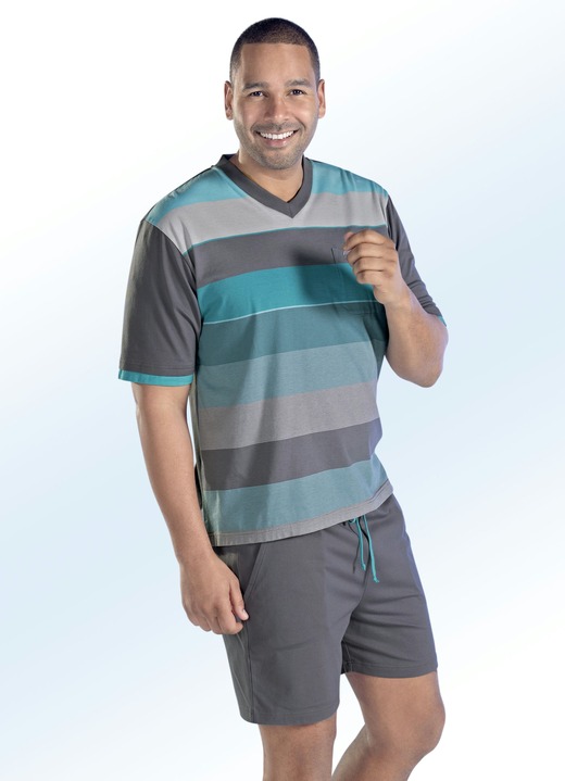 Nachtwäsche - Hajo Klima Komfort Shorty mit V-Ausschnitt und garngefärbtem Ringeldessin, in Größe 046 bis 060, in Farbe SCHWARZ-ROT Ansicht 2