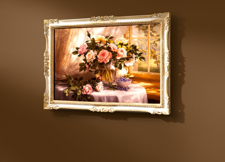 Blumen - Bild mit Rosenstrauß, in Farbe WEISS-GOLD