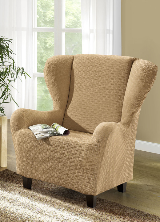 Sessel- & Sofaüberwürfe - Stretchbezüge mit schöner Strukturierung, in Größe 101 (Sesselbezug) bis 115 (Stuhlbezüge, 4er-Set), in Farbe BEIGE Ansicht 1