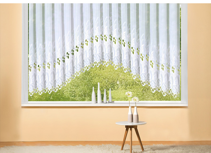 Klassisch - C-Bogen-Store mit hochwertiger Plauener Stickerei, in Größe 065 (H125xB300 cm) bis 167 (H175xB900 cm), in Farbe WEISS Ansicht 2