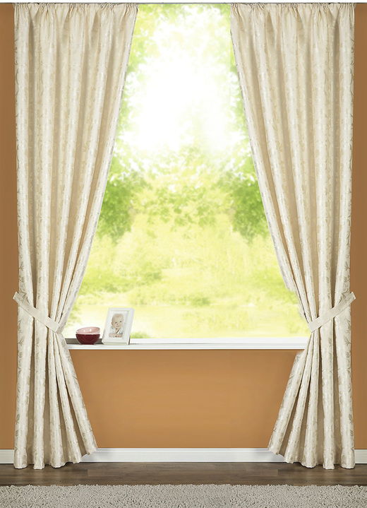 Klassisch - Glänzende Übergardinen-Garnitur, in Größe 364 (H150xB135 cm) bis 899 (2er-Pack Raffhalter, 70 cm), in Farbe CREME Ansicht 1
