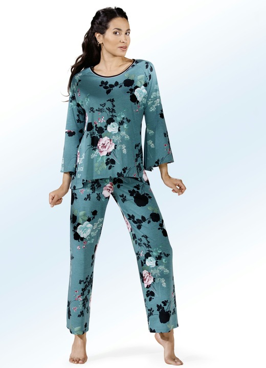 Schlafanzüge & Shortys - Schlafanzug, 3/4-lange Trompetenärmel, Inkjet-Druck, mit Modal, in Größe 040 bis 054, in Farbe PETROL-BUNT