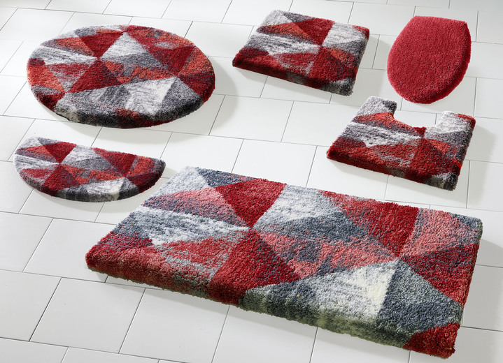 Badgarnituren - Badgarnitur von Grund mit geometrischem Dessin Ansicht 7 Badgarnituren - Badgarnitur von Grund mit geometrischem Dessin, in Größe 100 (Vorleger halbrund, 50/ 80 cm) bis 112 (WC-Deckelbezug, 47/ 50 cm), in Farbe ROSÉ-GRAU Ansicht 7