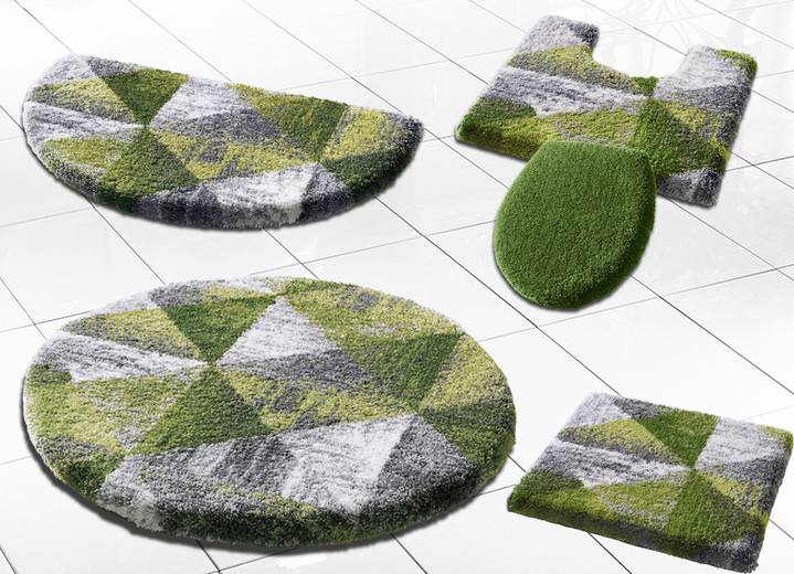 Badgarnituren - Badgarnitur von Grund mit geometrischem Dessin Ansicht 2 Badgarnituren - Badgarnitur von Grund mit geometrischem Dessin, in Größe 100 (Vorleger halbrund, 50/ 80 cm) bis 112 (WC-Deckelbezug, 47/ 50 cm), in Farbe ROSÉ-GRAU Ansicht 2