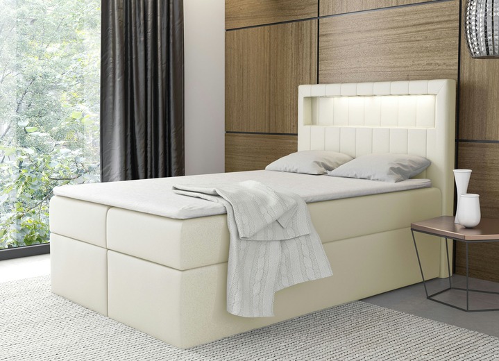 Betten - Boxspringbett mit LED-Beleuchtung und Bettkasten, in Farbe CREME Ansicht 1