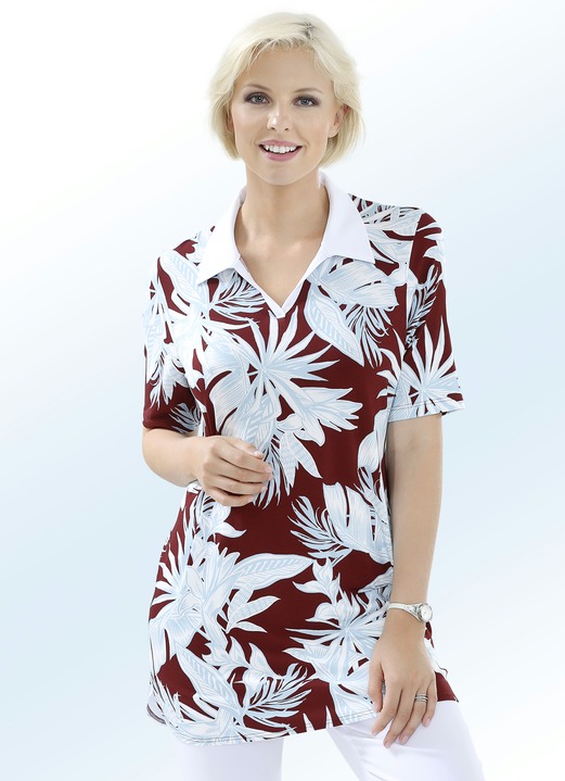 Damenmode - Poloshirt mit seitlich abgerundetem Saumabschluss, in Größe 042 bis 060, in Farbe MARONE-BLEU