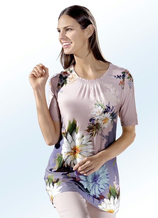 Damenmode - Longshirt mit dezenter Fältelung im Vorderteil, in Größe 038 bis 052, in Farbe ROSÉ-GRAFIT