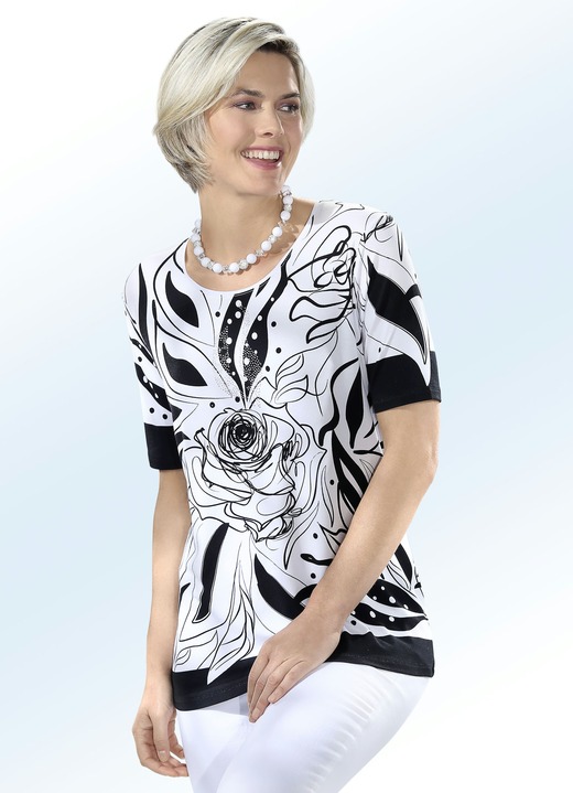Mode - Shirt mit rundem Halsausschnitt in 2 Farben, in Größe 038 bis 054, in Farbe WEISS-SCHWARZ