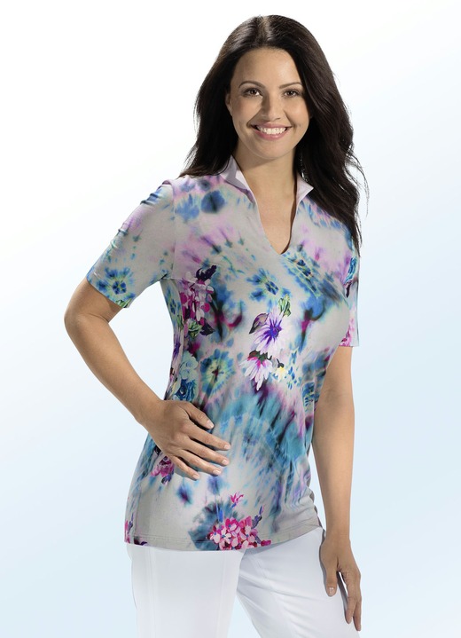 Damenmode - Longshirt mit farbbrillantem Inkjet-Druck, in Größe 038 bis 054, in Farbe TÜRKIS-HELLGRAU