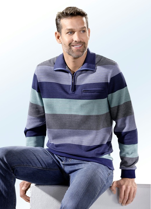 Hemden, Pullover & Shirts - Troyer mit kurzem Reißverschluss, in Größe 046 bis 062, in Farbe MARINE-MINT-HELLBLAU-WEISS