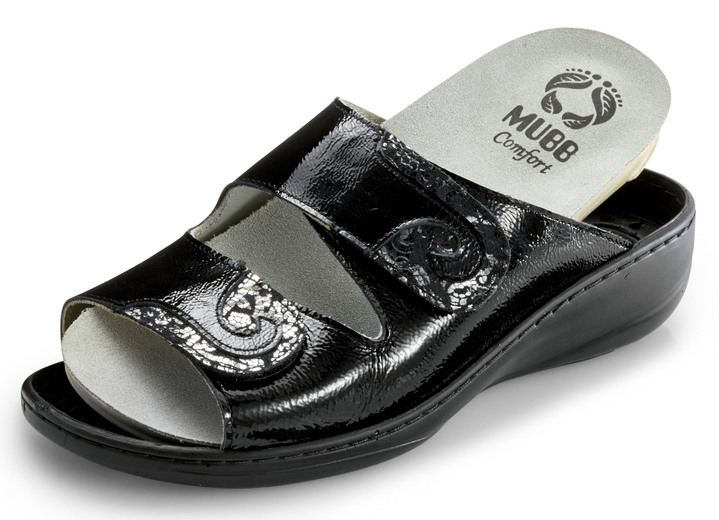 Komfortschuhe - Mubb, bequeme Damen-Pantoletten, Weite H, mit herausnehmbarem Fußbett, in Größe 036 bis 042, in Farbe STAHLBLAU Ansicht 4