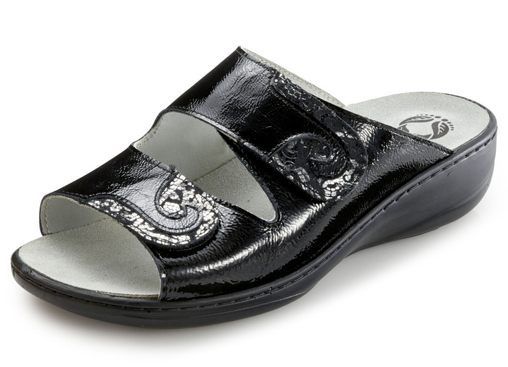 Komfortschuhe - Mubb, bequeme Damen-Pantoletten, Weite H, mit herausnehmbarem Fußbett, in Größe 036 bis 042, in Farbe STAHLBLAU Ansicht 3