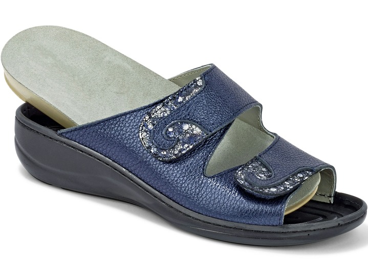 Komfortschuhe - Mubb, bequeme Damen-Pantoletten, Weite H, mit herausnehmbarem Fußbett, in Größe 036 bis 042, in Farbe STAHLBLAU Ansicht 2