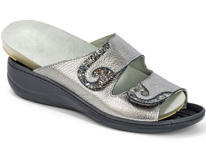 Komfortschuhe - Mubb, bequeme Damen-Pantoletten, Weite H, mit herausnehmbarem Fußbett, in Größe 036 bis 042, in Farbe STAHLBLAU Ansicht 6