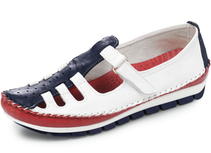 Komfortschuhe - Gemini Mokassin-Slipper in sommerlichem Design, in Größe 035 bis 042, in Farbe WEISS-MARINE-ROT Ansicht 1