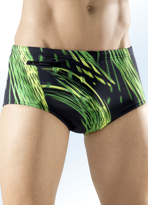 Bademode - Badehose in höherer Slipform mit buntem Druckdessin allover, in Größe 004 bis 010, in Farbe SCHWARZ-GRÜN-GELB Ansicht 1