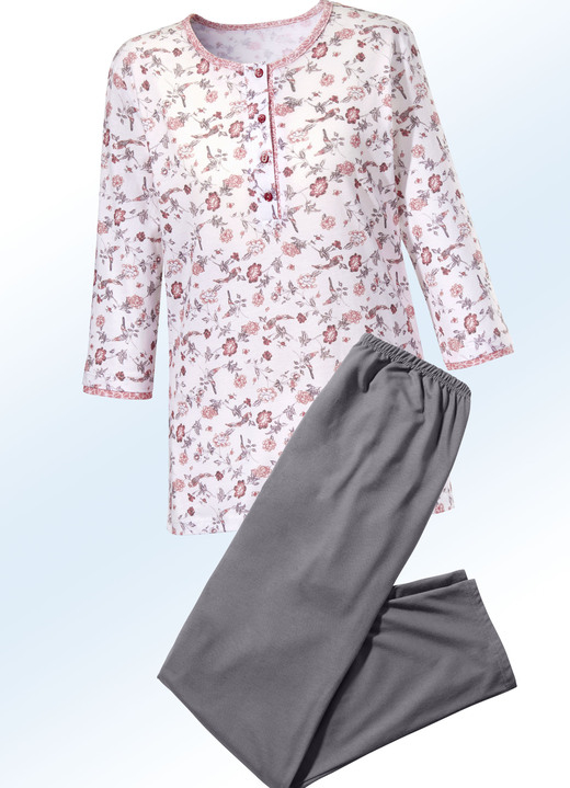 Schlafanzüge & Shortys - Schlafanzug mit Alloverdessin und Knopfleiste, in Größe 036 bis 052, in Farbe WEISS-ROSA-JADE Ansicht 4