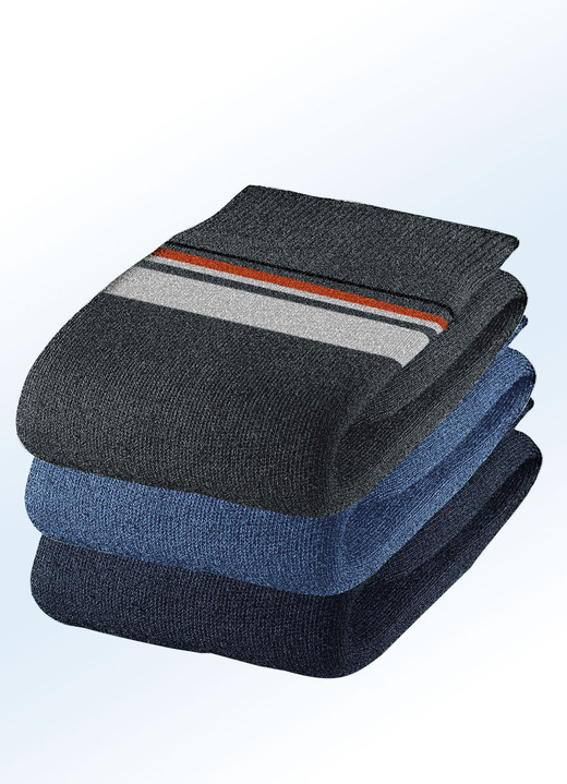 Unterwäsche - Fünferpack Socken, Schaft und Bund extra weit, in Größe 001 (Schuhgrösse 39-42) bis 003 (Schuhgrösse 47-50), in Farbe 2X JEANSBLAU, 3X MARINE Ansicht 1
