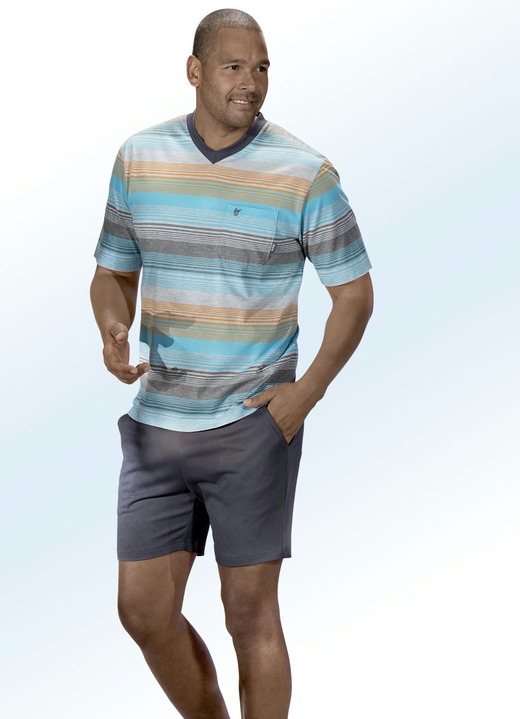 Nachtwäsche - Hajo Klima Komfort Shorty mit garngefärbtem Ringeldessin, V-Ausschnitt, Brusttasche Nachtwäsche - Hajo Klima Komfort Shorty mit garngefärbtem Ringeldessin, V-Ausschnitt, Brusttasche, in Größe 046 bis 060, in Farbe TÜRKIS-BUNT