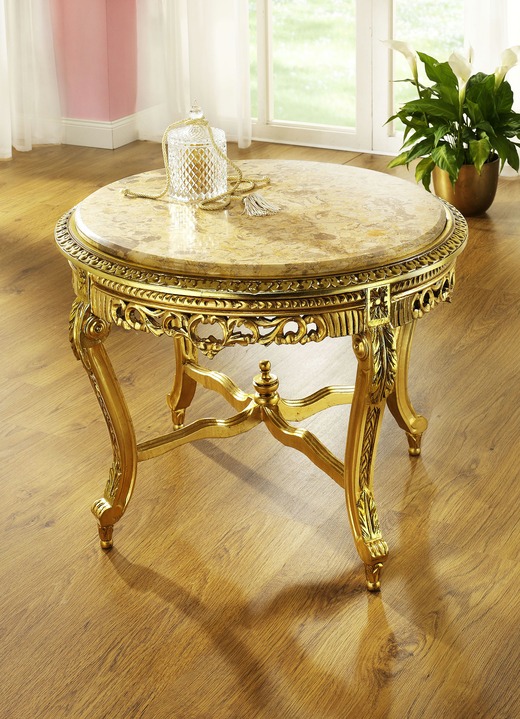 - Couchtisch mit echter Marmorplatte und Blattgoldauflage, in Farbe CREME-GOLD