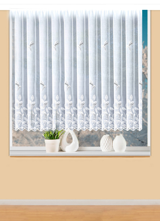- Blumenfenster-Store mit Universalschienenband, in Größe 140 (H120xB300 cm) bis 179 (H175xB450 cm), in Farbe WEISS Ansicht 1
