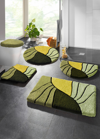 Heimtextilien - Badgarnitur mit rutschhemmender Rückseite, in Größe 100 (Vorleger halbrund, 50/ 80 cm) bis 112 (WC-Deckelbezug, 47/ 50 cm), in Farbe BLAU