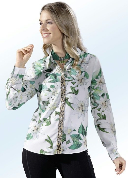 Damenmode - Bluse mit effektvollem Tierfell-Besatz, in Größe 036 bis 052, in Farbe WEIß-GRÜN-GELB