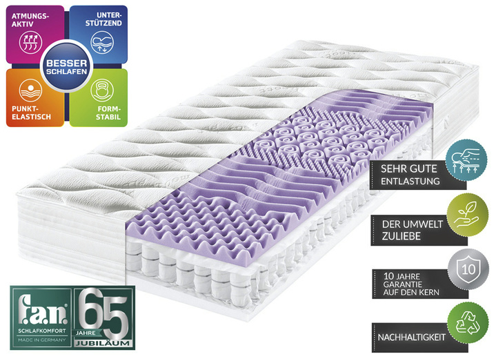 Matratzen & Bettrahmen - Qualitäts-Matratzen von f.a.n mit Medicott® Plus-Doppeljersey , in Größe 129 (80/190 cm) bis 139 (200/200 cm), in Farbe , in Ausführung 7- Tonnentaschenfederkern-Matratze Ansicht 1