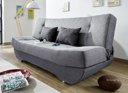 Klick-Klack-Sofa mit Dekokissen und Bettkasten