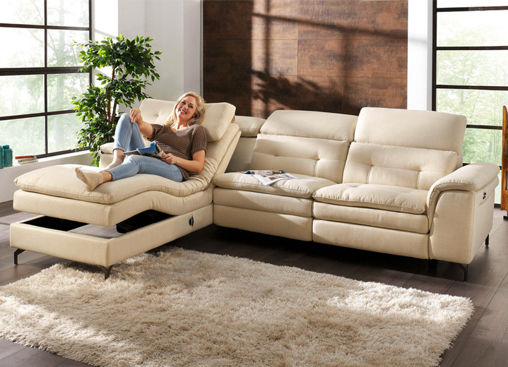 Polstermöbel - Polsterecke mit verstellbarer Kopfstütze und Ottomane, in Farbe BEIGE, in Ausführung mit manuell verstellbarer Kopfstütze Ansicht 2