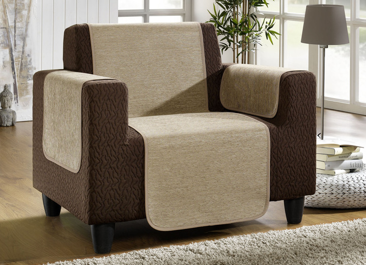 Wohnaccessoires - Unempfindliche Sessel-,Couch- und Armlehnenschoner aus Chenille, in Größe 101 (Sesselschoner, 50x150 cm) bis 905 (2 Kissenbezüge, 40x 40 cm), in Farbe SAND Ansicht 2