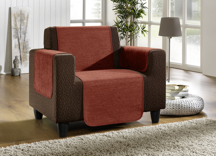 Wohnaccessoires - Unempfindliche Sessel-,Couch- und Armlehnenschoner aus Chenille, in Größe 101 (Sesselschoner, 50x150 cm) bis 905 (2 Kissenbezüge, 40x 40 cm), in Farbe TERRA Ansicht 1