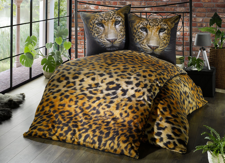 - Bettwäsche-Garnitur mit detailgetreuen Motiv, in Farbe BRAUN, in Ausführung Leopard