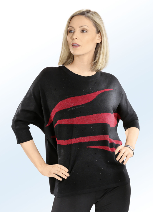 Damenmode - Pullover in Fledermausform mit Schmucksteinzier, in Größe L (44/46) bis XL (48/50), in Farbe SCHWARZ-ROT