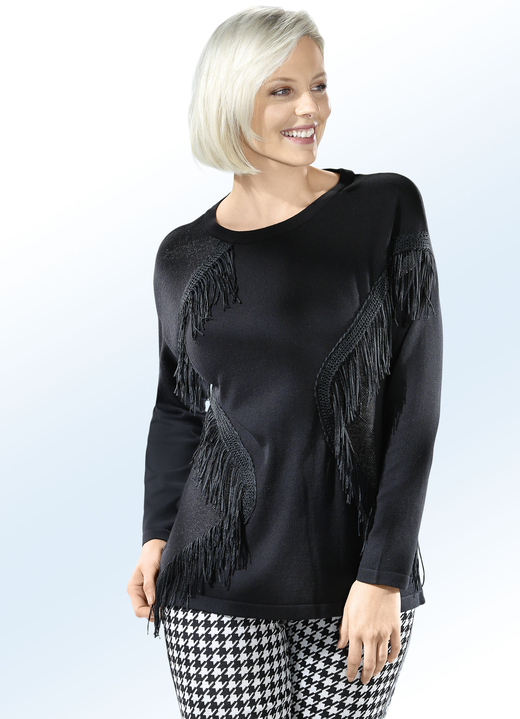 Damenmode - Pullover mit Baumwolle und aufwendiger Fransenzier, in Größe 040 bis 060, in Farbe SCHWARZ