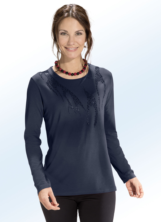 Damenmode - Shirt mit schwarzen Zierplättchen, in Größe 036 bis 052, in Farbe NACHTBLAU