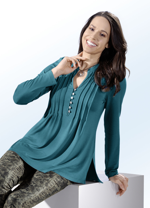 Tuniken - Shirt-Tunika mit Schmuckknopfleiste, in Größe 036 bis 054, in Farbe BEERE Ansicht 6