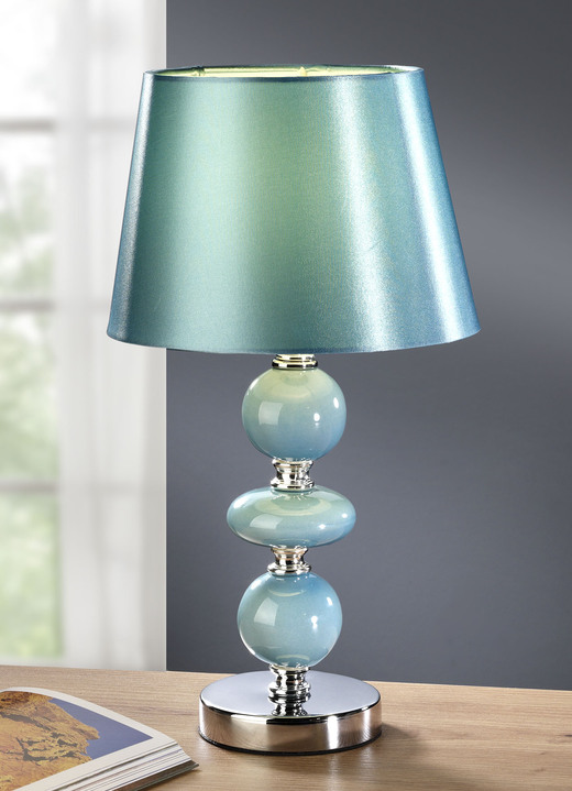 Lampen & Leuchten - Stilvolle Keramik-Tischleuchte mit textilem Schirm, in Farbe TÜRKIS-CHROM Ansicht 1