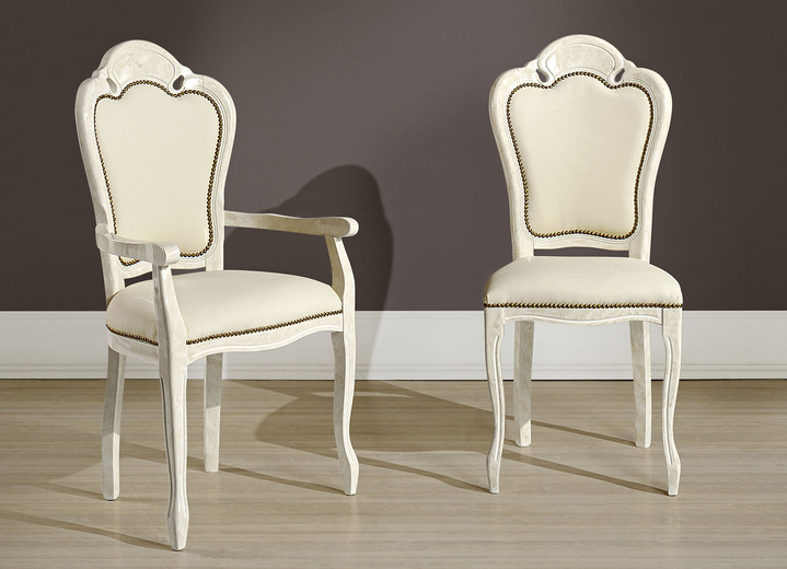 Esszimmer - Stühle mit geschwungener Lehne und Kunstlederbezug, in Farbe CREME-CREME, in Ausführung Armlehnenstuhl