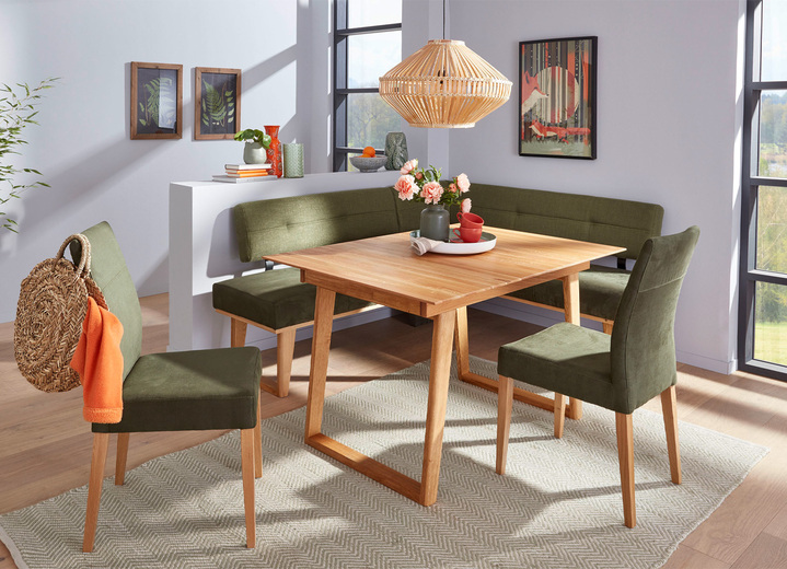 Sitzmöbel - Esszimmermöbel aus naturbelassenem, massivem Eichenholz, in Farbe EICHE-GRÜN, in Ausführung Eckbankgruppe, 4-teilig Ansicht 1