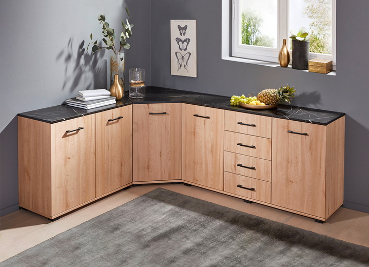 Sideboards & Kommoden - Kommodenserie mit Deckplatte in edler, schwarzer Mamor-Optik, in Farbe BUCHE LIVORNO-MARMOR, in Ausführung Kommode, 2-türig Ansicht 1