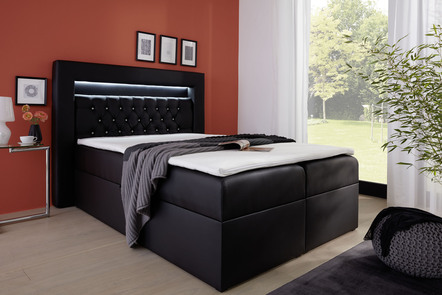 Boxspringbett mit LED-Beleuchtung, Bettkasten und Topper