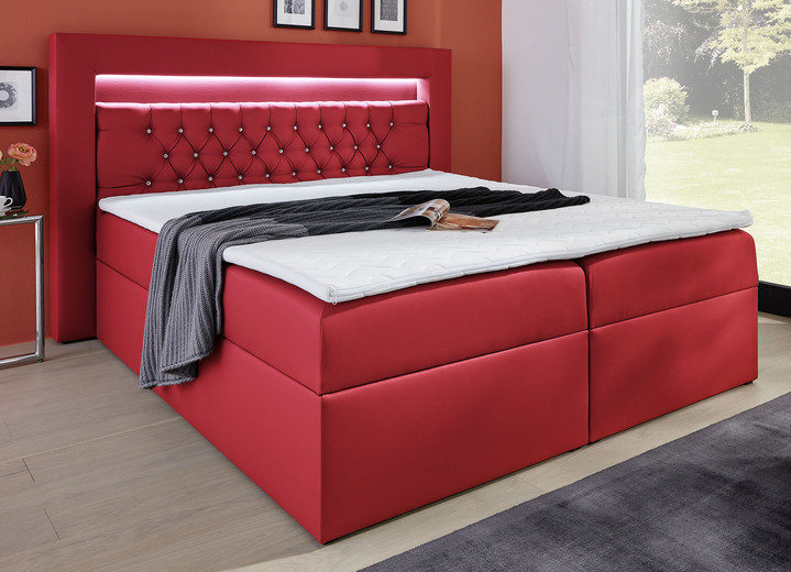 Betten - Boxspringbett mit LED-Beleuchtung, Bettkasten und Topper , in Farbe ROT Ansicht 1
