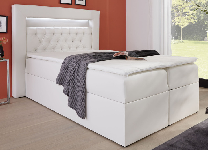 - Boxspringbett mit LED-Beleuchtung, Bettkasten und Topper, in Farbe WEISS