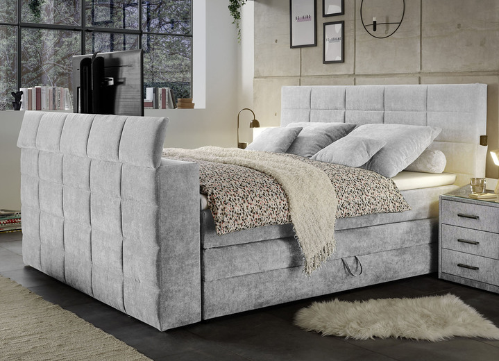 Betten - Boxspringbett mit elektrisch versenkbarer TV-Halterung, in Farbe HELLGRAU, in Ausführung mit Bettkasten Ansicht 1