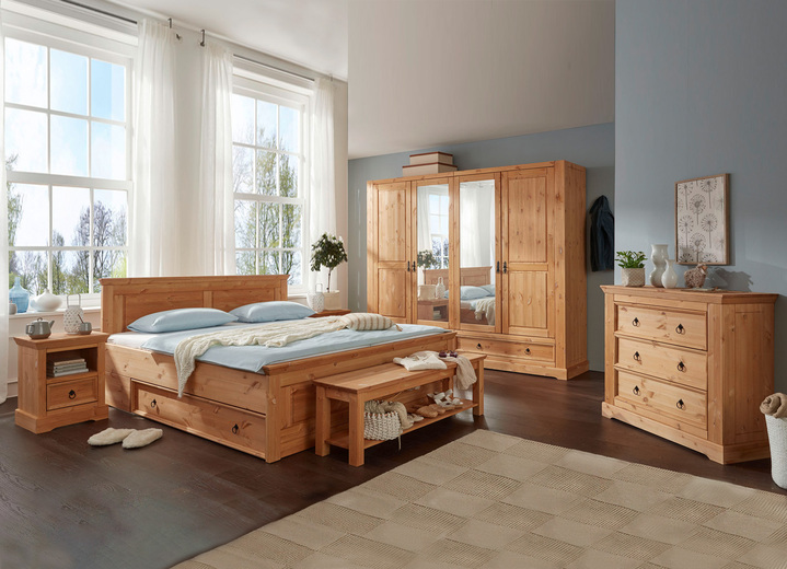 Komplett-Schlafzimmer - Schlafzimmerprogramm aus massivem Kiefernholz, in Farbe EICHE, in Ausführung Bettbank