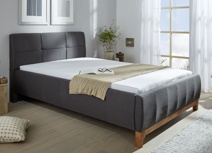 Betten - Polsterbett mit Echtholzgestell aus geölter Wildeiche, in Farbe NATUR-DUNKELGRAU