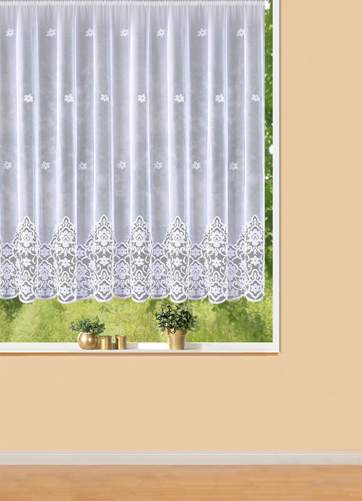 - Herrlicher Blumenfenster-Store mit Universalschienenband, in Größe 140 (H120xB300 cm) bis 179 (H175xB450 cm), in Farbe WEISS Ansicht 1